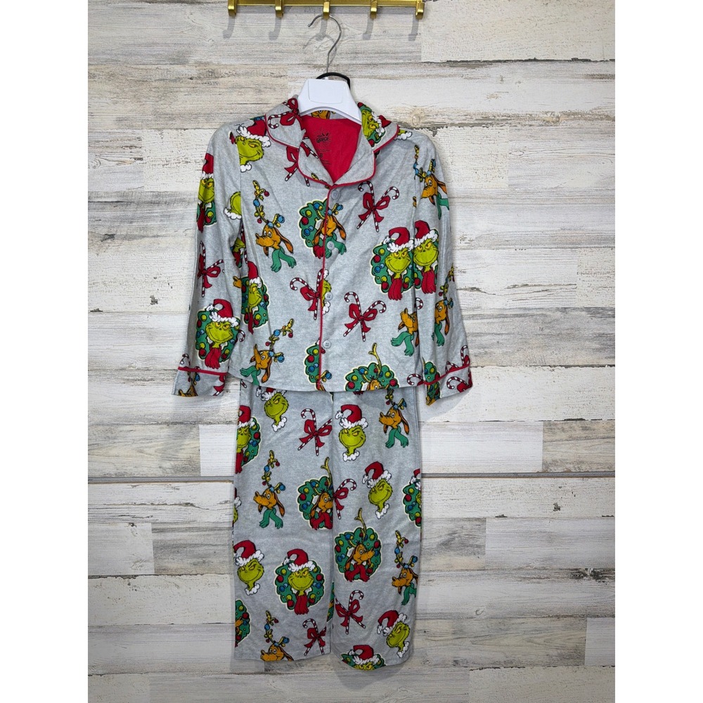 The Grinch Pajama Set Boys Size 8 Gray Fleece Holiday Christmas EUC